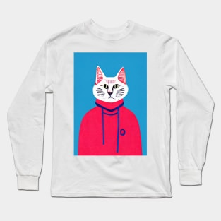 Blue Street Cat Retro Poster Vintage Art Cat Wall Blue Pink Illustration Long Sleeve T-Shirt